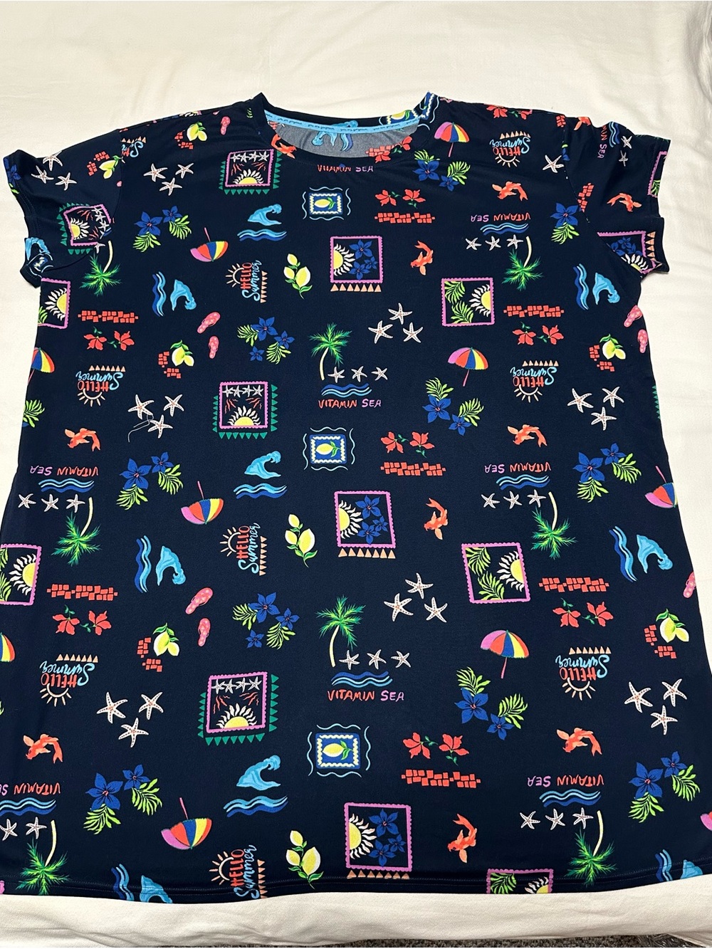 Women’s Navy Tropical Print Short Sleeve Sleep Shirt/Beach Cover-Up